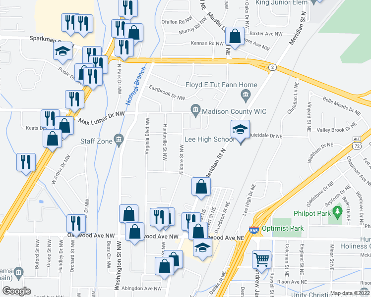 map of restaurants, bars, coffee shops, grocery stores, and more near 2414 Kildare Street Northwest in Huntsville