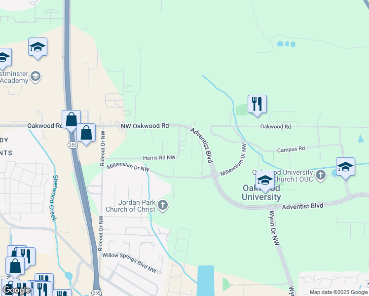 map of restaurants, bars, coffee shops, grocery stores, and more near 151 Harris Road Northwest in Huntsville