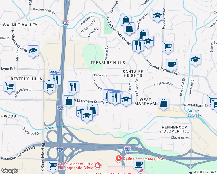 map of restaurants, bars, coffee shops, grocery stores, and more near 209 Ellis Drive in Little Rock