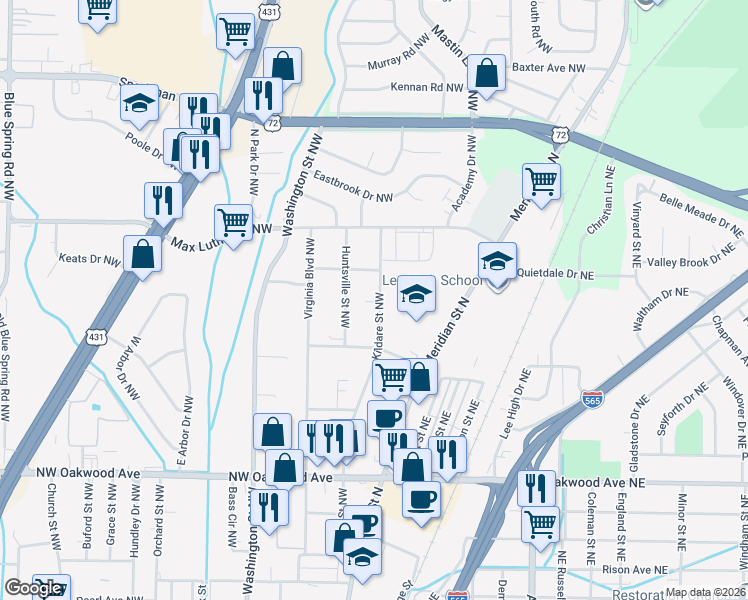 map of restaurants, bars, coffee shops, grocery stores, and more near 2414 Kildare Street Northwest in Huntsville