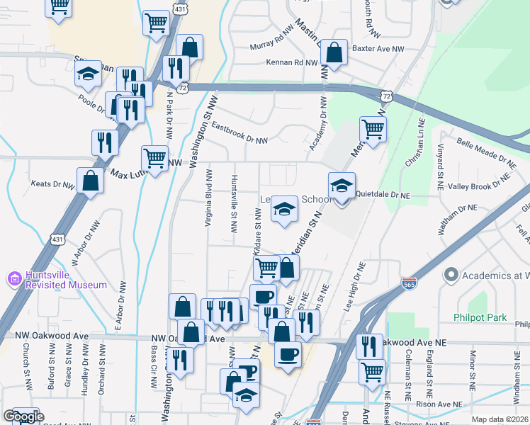 map of restaurants, bars, coffee shops, grocery stores, and more near 2414 Kildare Street Northwest in Huntsville