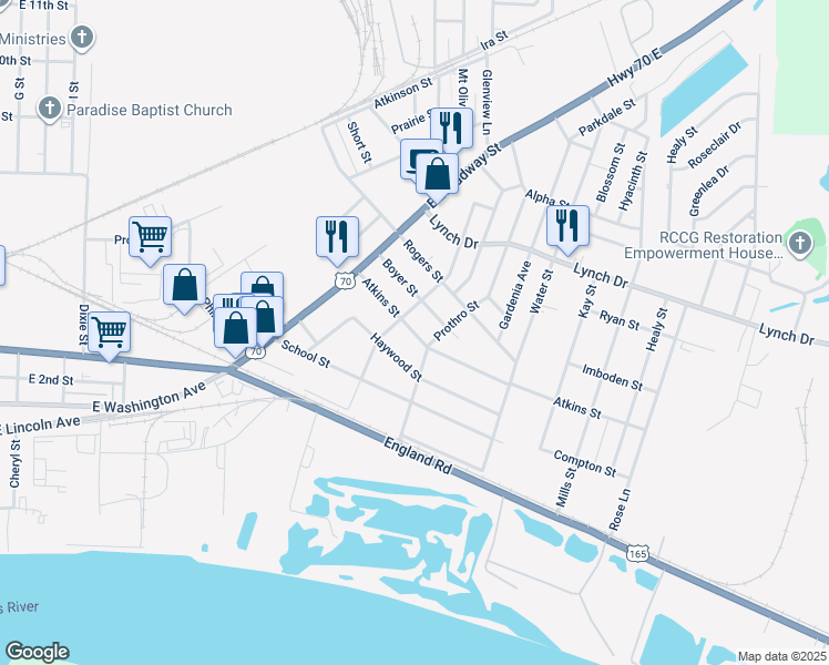 map of restaurants, bars, coffee shops, grocery stores, and more near 4617 Haywood Street in North Little Rock