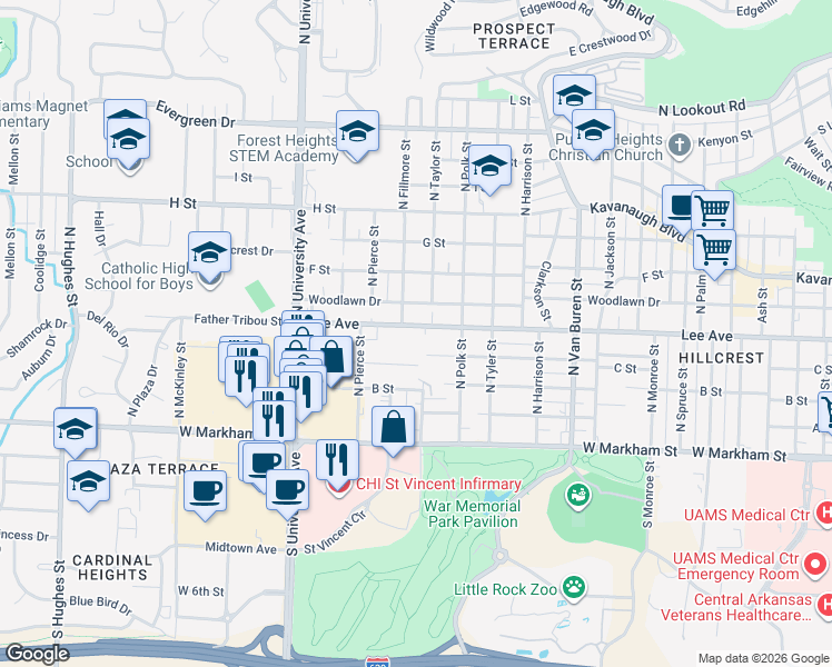 map of restaurants, bars, coffee shops, grocery stores, and more near 5620 C Street in Little Rock