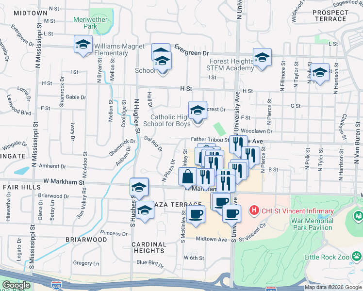 map of restaurants, bars, coffee shops, grocery stores, and more near 315 Plaza Circle in Little Rock