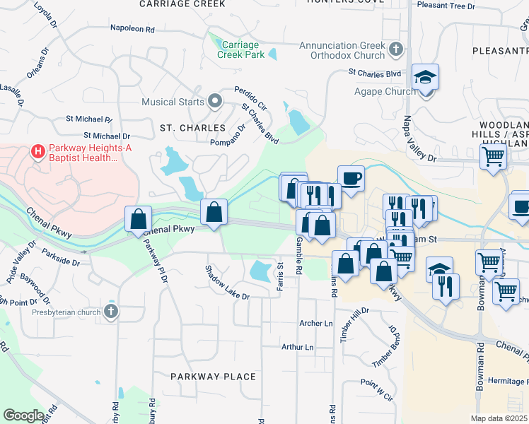 map of restaurants, bars, coffee shops, grocery stores, and more near 13200 Chenal Parkway in Little Rock
