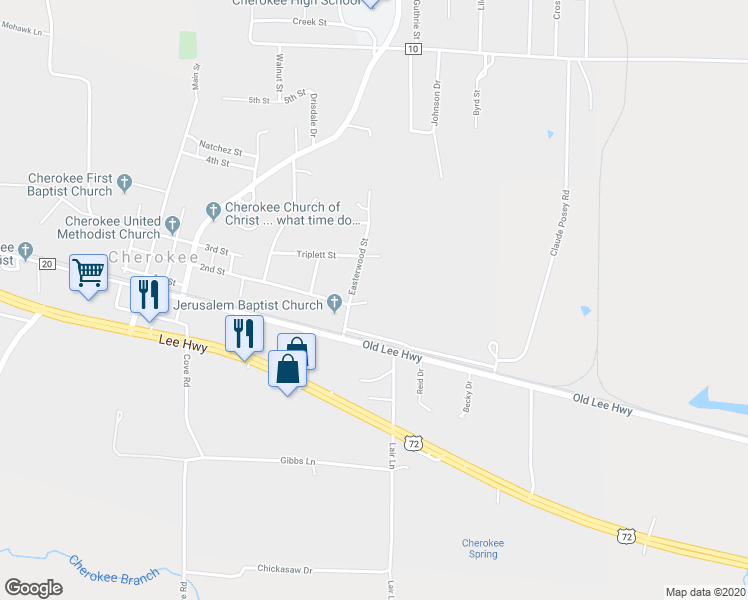 map of restaurants, bars, coffee shops, grocery stores, and more near 200 Easterwood Street in Cherokee