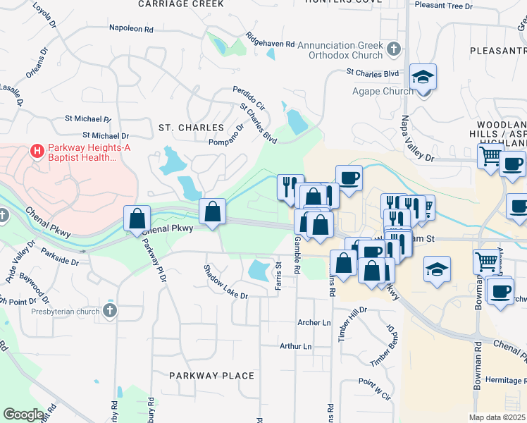 map of restaurants, bars, coffee shops, grocery stores, and more near 13200 Chenal Parkway in Little Rock