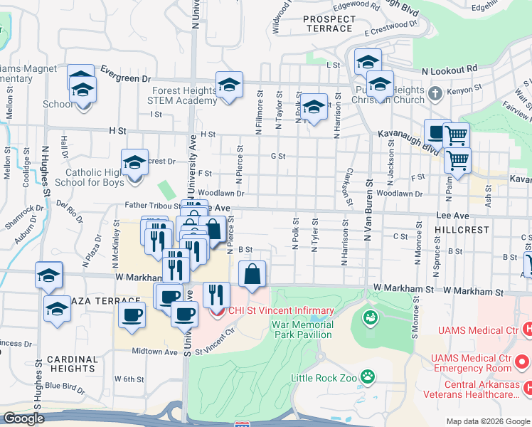 map of restaurants, bars, coffee shops, grocery stores, and more near 5620 C Street in Little Rock