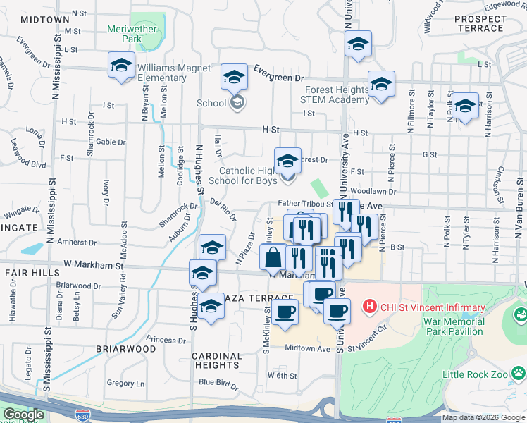 map of restaurants, bars, coffee shops, grocery stores, and more near 315 Plaza Circle in Little Rock