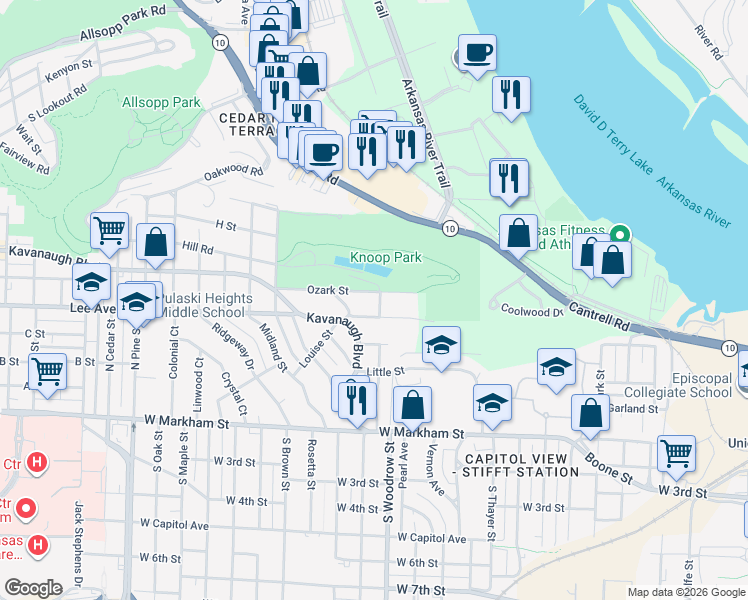 map of restaurants, bars, coffee shops, grocery stores, and more near 501 North Woodrow Street in Little Rock
