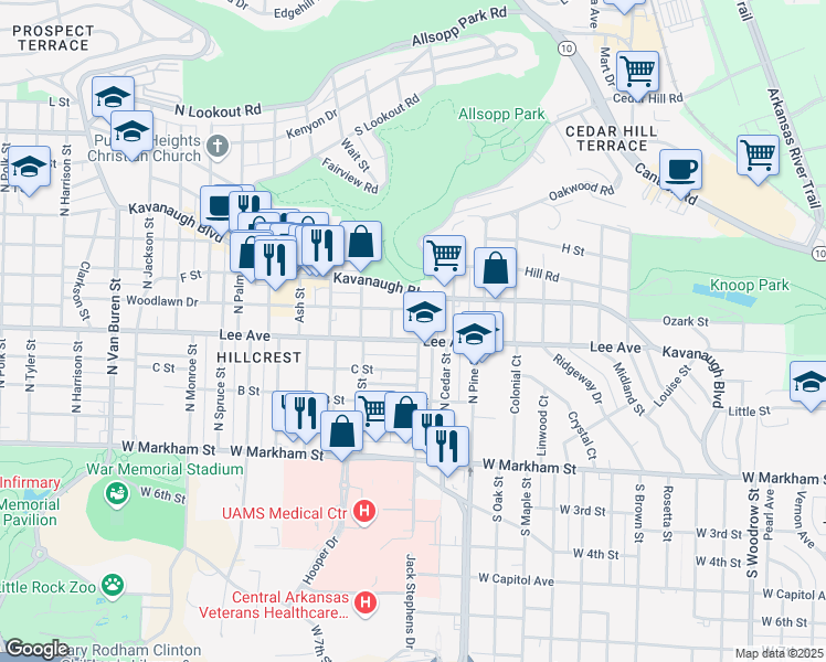 map of restaurants, bars, coffee shops, grocery stores, and more near 506 North Elm Street in Little Rock