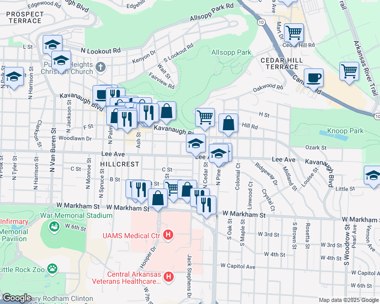 map of restaurants, bars, coffee shops, grocery stores, and more near 506 North Elm Street in Little Rock