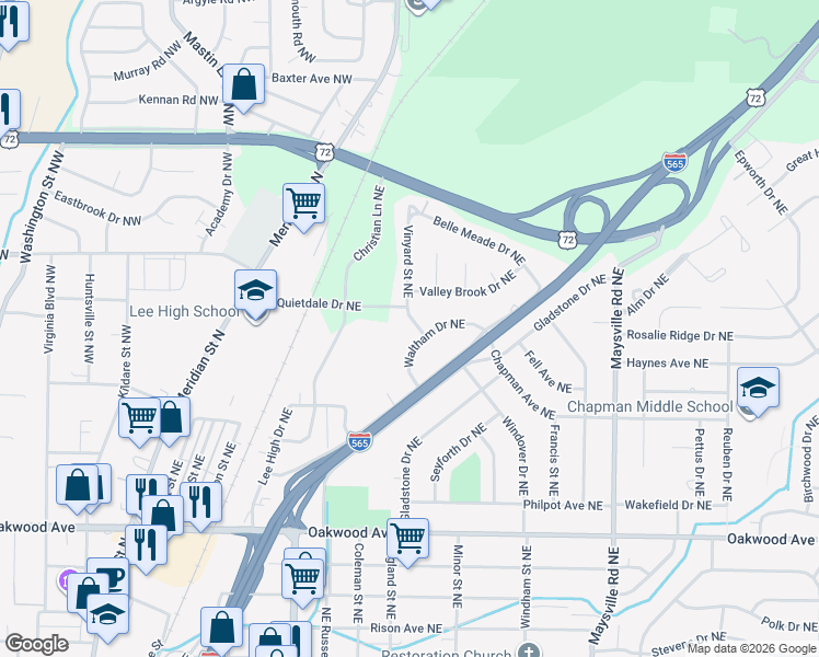 map of restaurants, bars, coffee shops, grocery stores, and more near 2509 Waltham Drive Northeast in Huntsville