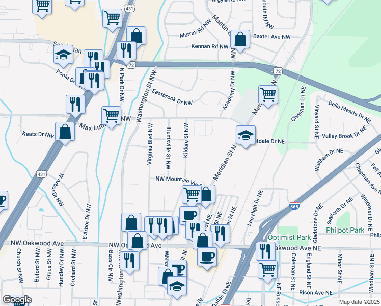 map of restaurants, bars, coffee shops, grocery stores, and more near 2414 Kildare Street Northwest in Huntsville