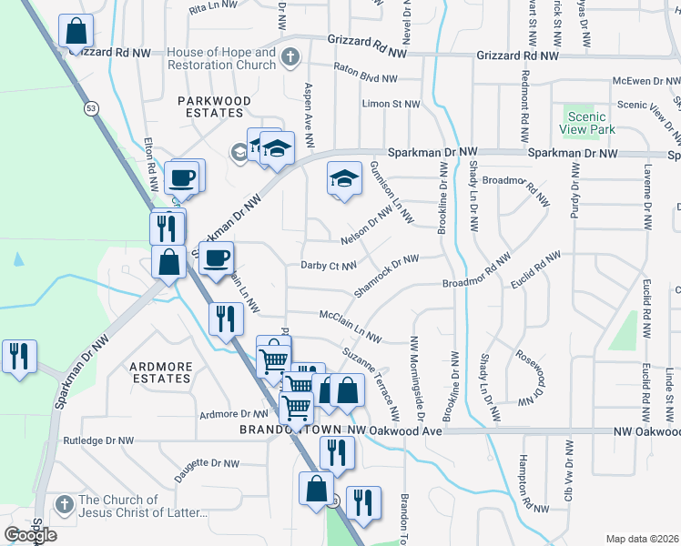 map of restaurants, bars, coffee shops, grocery stores, and more near 4206 Fortson Lane Northwest in Huntsville