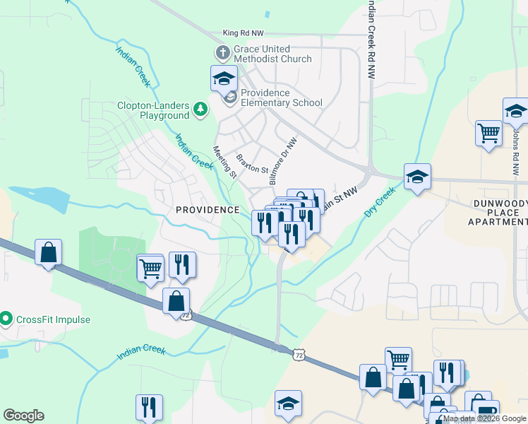 map of restaurants, bars, coffee shops, grocery stores, and more near 61 Stockton Street in Huntsville