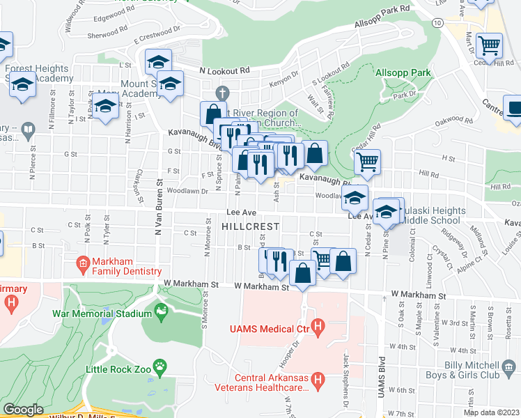 map of restaurants, bars, coffee shops, grocery stores, and more near 417 Beechwood Street in Little Rock