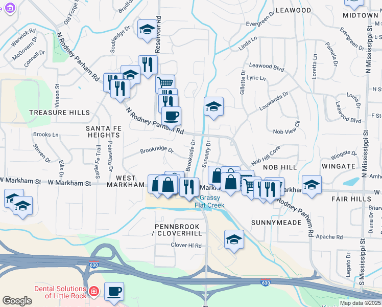 map of restaurants, bars, coffee shops, grocery stores, and more near 221 Brookside Drive in Little Rock