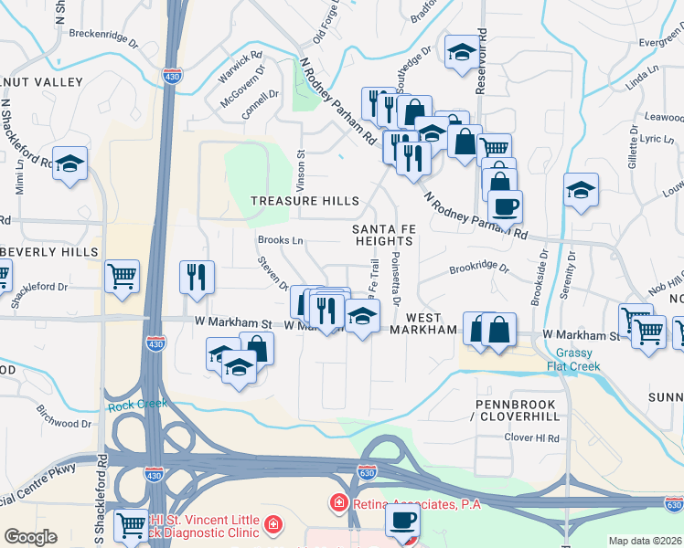 map of restaurants, bars, coffee shops, grocery stores, and more near 6 Lawrence Drive in Little Rock