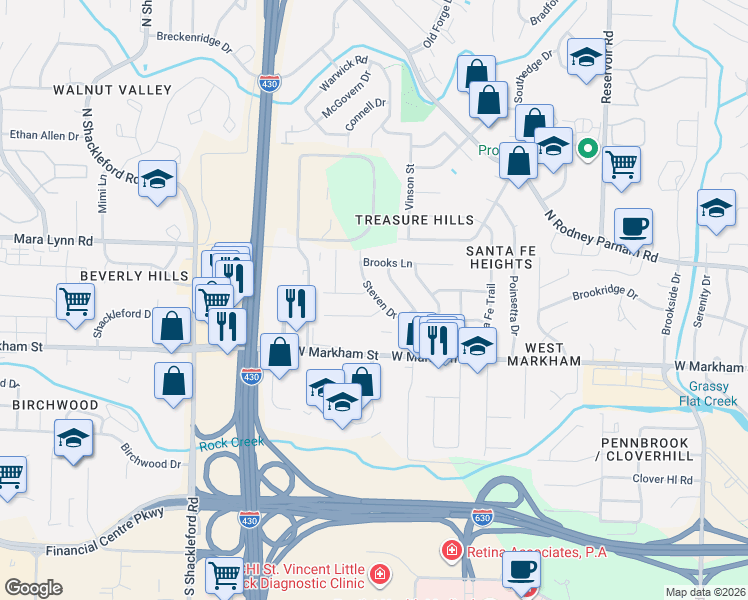 map of restaurants, bars, coffee shops, grocery stores, and more near 10011 Ronald Drive in Little Rock