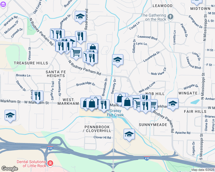 map of restaurants, bars, coffee shops, grocery stores, and more near 221 Brookside Drive in Little Rock