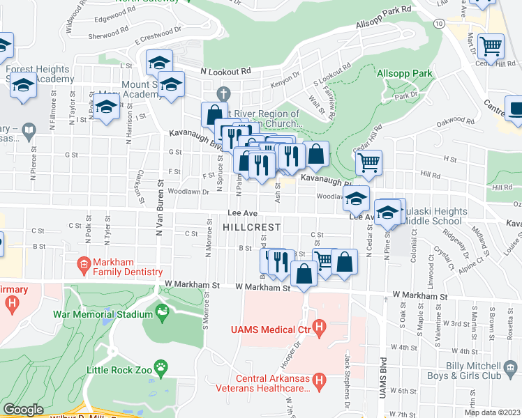 map of restaurants, bars, coffee shops, grocery stores, and more near 417 Beechwood Street in Little Rock