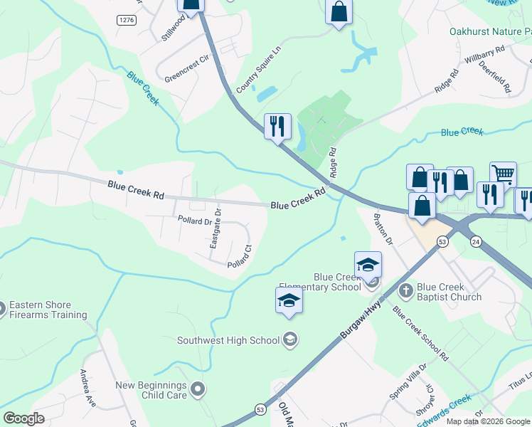 map of restaurants, bars, coffee shops, grocery stores, and more near 1147 Blue Creek Road in Jacksonville