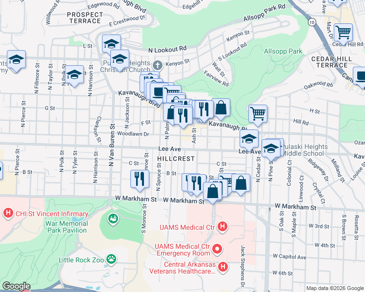 map of restaurants, bars, coffee shops, grocery stores, and more near 4522 Lee Avenue in Little Rock