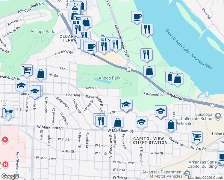 map of restaurants, bars, coffee shops, grocery stores, and more near 6 Ozark Point in Little Rock