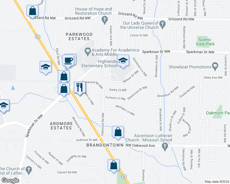 map of restaurants, bars, coffee shops, grocery stores, and more near 4115 Darby Court Northwest in Huntsville