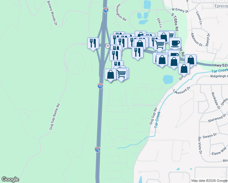 map of restaurants, bars, coffee shops, grocery stores, and more near 160 Pearson Drive in Dalton