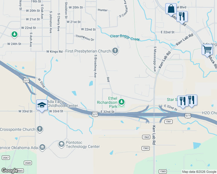map of restaurants, bars, coffee shops, grocery stores, and more near 1803 South Broadway Boulevard in Ada
