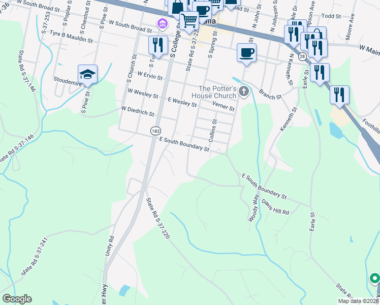 map of restaurants, bars, coffee shops, grocery stores, and more near 713 South Spring Street in Walhalla