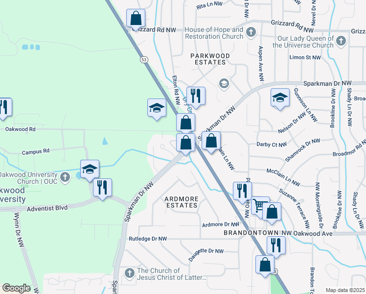 map of restaurants, bars, coffee shops, grocery stores, and more near 1920 Sparkman Drive Northwest in Huntsville