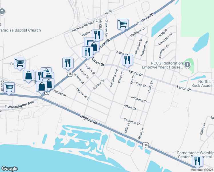 map of restaurants, bars, coffee shops, grocery stores, and more near 4832 Rogers Street in North Little Rock