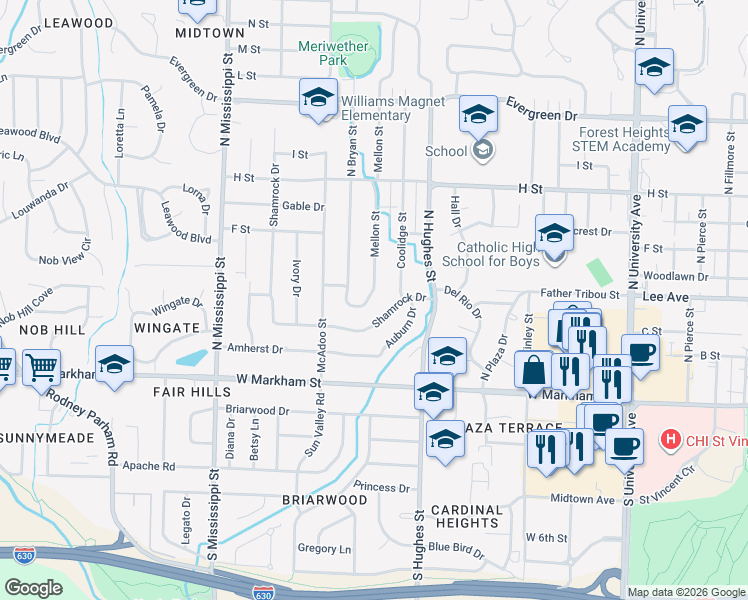 map of restaurants, bars, coffee shops, grocery stores, and more near 7006 Shamrock Drive in Little Rock
