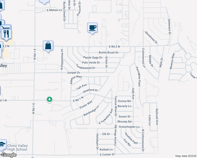 map of restaurants, bars, coffee shops, grocery stores, and more near 1622 Taft Avenue in Chino Valley