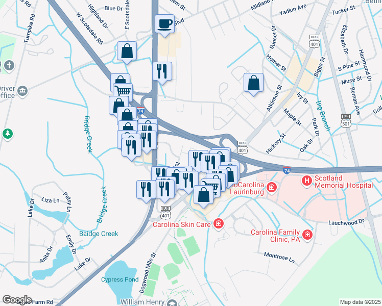 map of restaurants, bars, coffee shops, grocery stores, and more near 1600 Colony Lane in Laurinburg