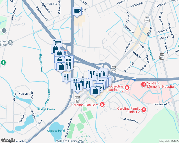 map of restaurants, bars, coffee shops, grocery stores, and more near 1600 Colony Lane in Laurinburg