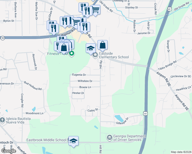 map of restaurants, bars, coffee shops, grocery stores, and more near 107 Wiltshire Drive in Dalton