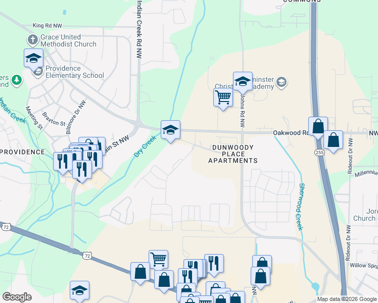 map of restaurants, bars, coffee shops, grocery stores, and more near Old Dry Creek Road Northwest in Huntsville