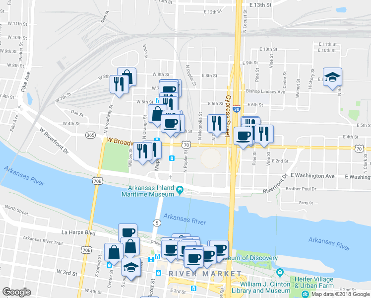 map of restaurants, bars, coffee shops, grocery stores, and more near 398 North Poplar Street in North Little Rock