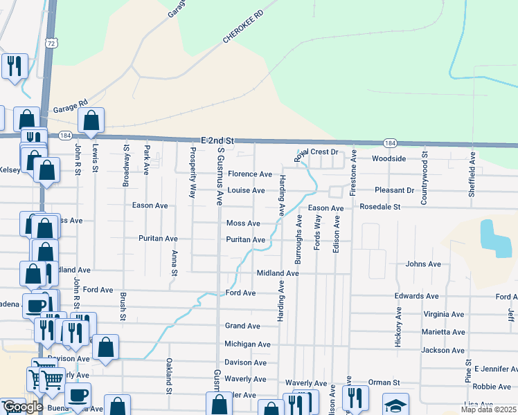 map of restaurants, bars, coffee shops, grocery stores, and more near 1100-1198 Louise Avenue in Muscle Shoals