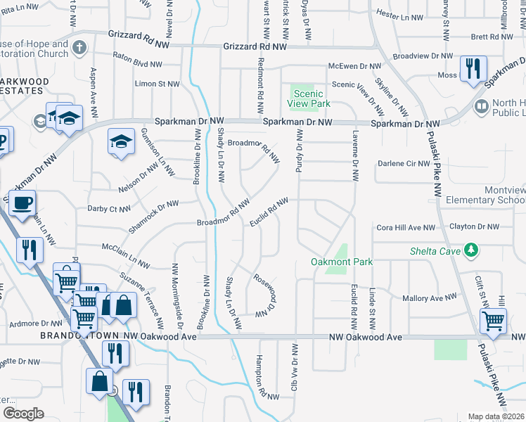 map of restaurants, bars, coffee shops, grocery stores, and more near 2703 Euclid Road Northwest in Huntsville