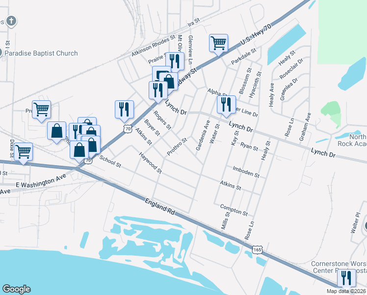 map of restaurants, bars, coffee shops, grocery stores, and more near 605 Prothro Street in North Little Rock
