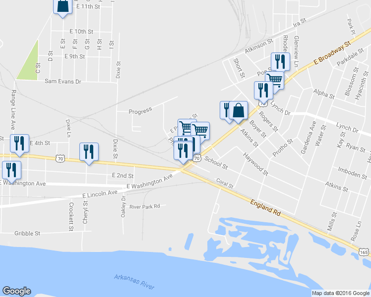 map of restaurants, bars, coffee shops, grocery stores, and more near 4105 E Broadway St in North Little Rock