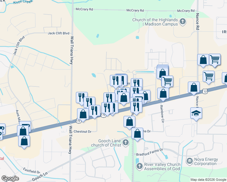 map of restaurants, bars, coffee shops, grocery stores, and more near 7830 Highway 72 West in Madison
