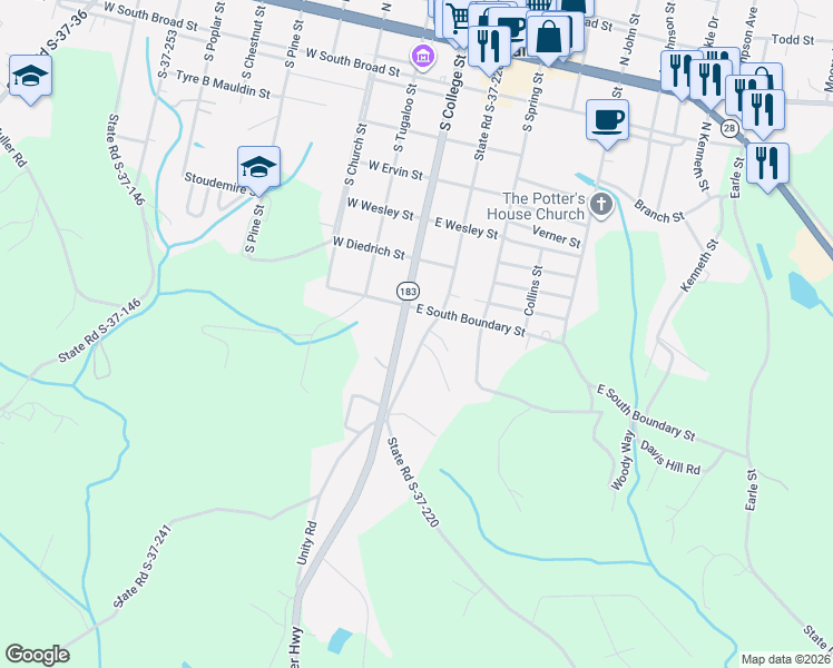 map of restaurants, bars, coffee shops, grocery stores, and more near 700 South Catherine Street in Walhalla