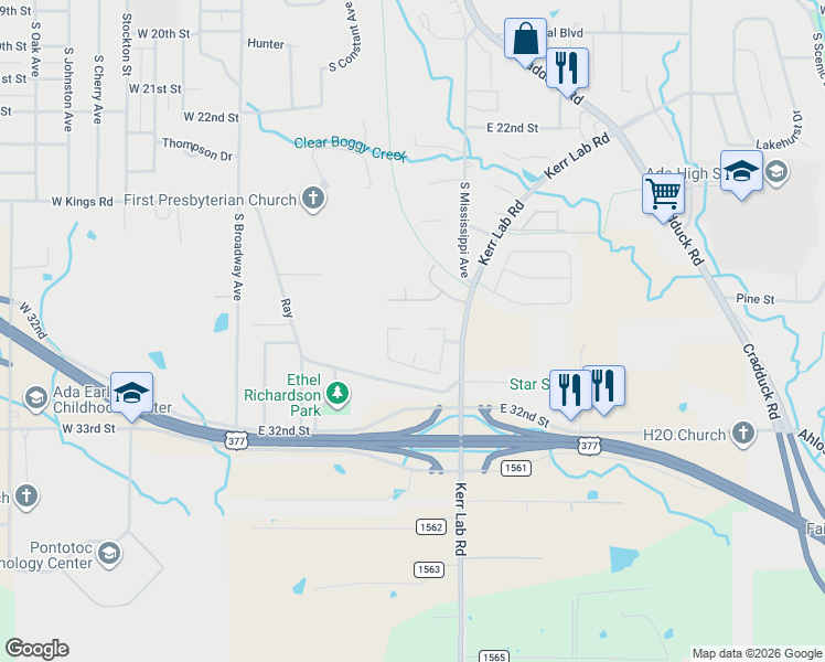 map of restaurants, bars, coffee shops, grocery stores, and more near 501 Wisteria Way in Ada