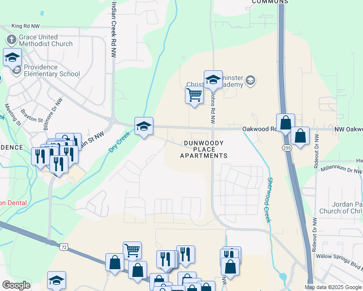 map of restaurants, bars, coffee shops, grocery stores, and more near Old Dry Creek Road Northwest in Huntsville